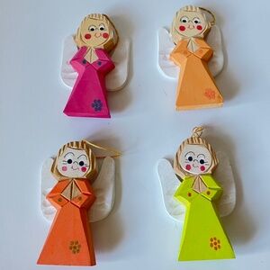 Vintage Christmas Tree Ornaments: Hand Carved Wooden Angels, Set of 4